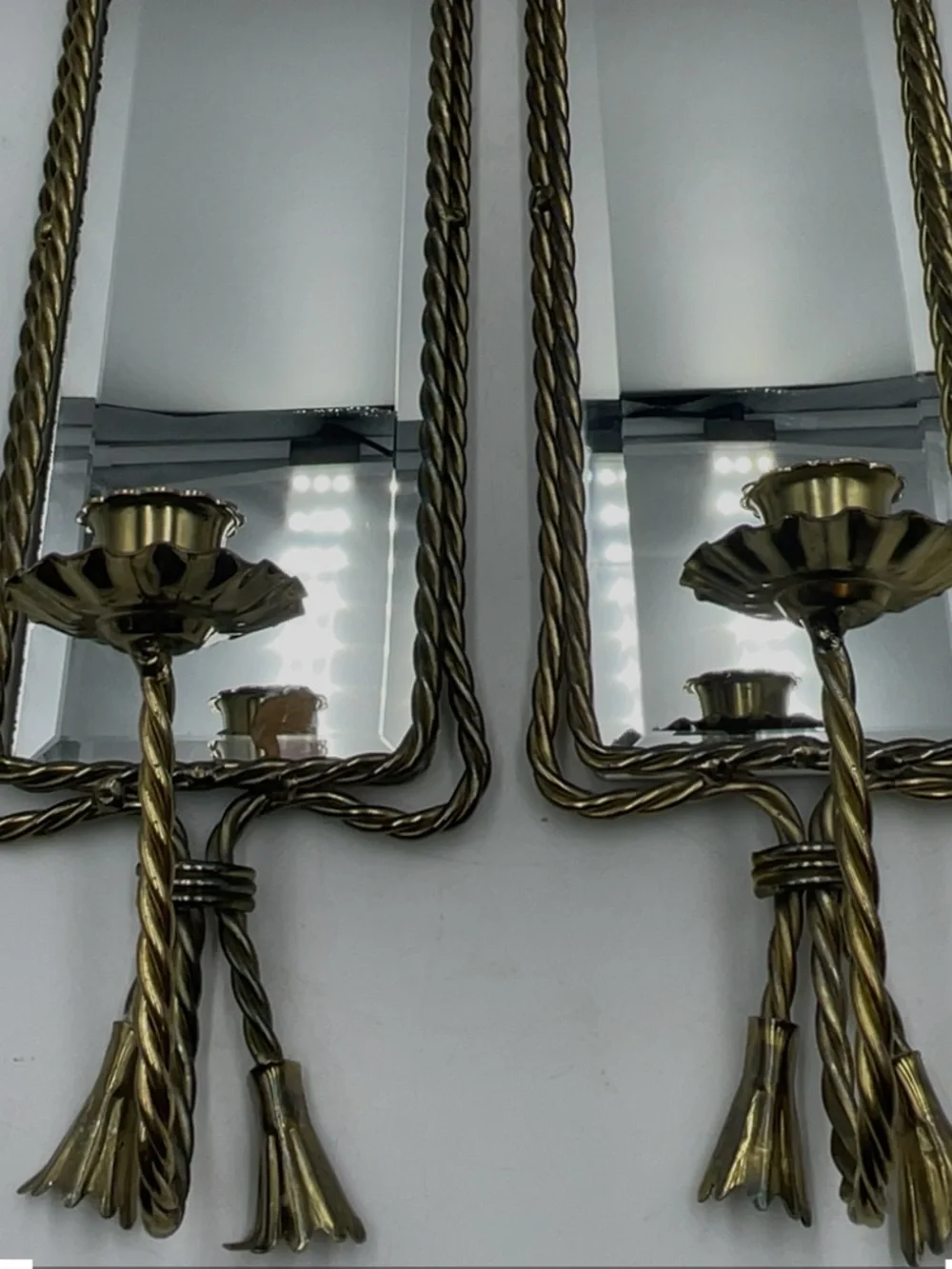 2 Mid Century Hollywood Regency Brass Rope & Tassel Mirrored Candle Wall Sconces